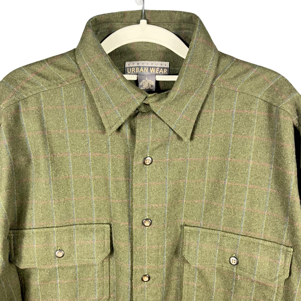 Vintage Structure Urban Wear Button Down Men L Green Wool Blend Windowpane Shirt